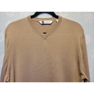 Mens Sweater Med Tan Knit Silk Long Sleeve V-Neck Pullover Old Money Grandpa